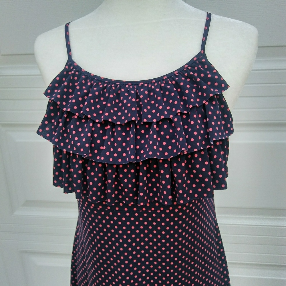 Storm large navy blue ruffled dress with pink dots